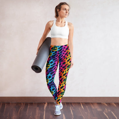 Rainbow leopard print yoga leggings with colorful pattern, full-length slim leg style.
