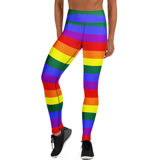 Rainbow striped yoga leggings with multicolor horizontal bands, front view, full length