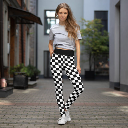 Black-and-white checkered yoga leggings with high-rise waistband and full-length legs