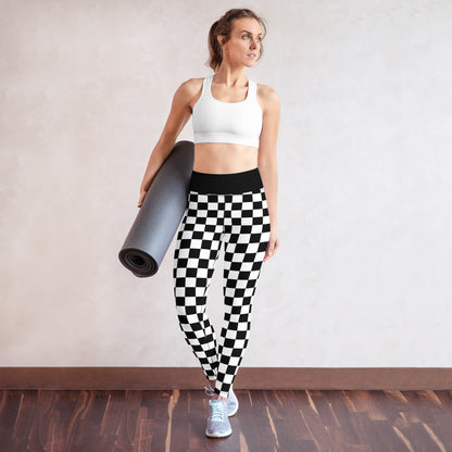 Black-and-white checkered yoga leggings with high-rise waistband and skinny straight cut