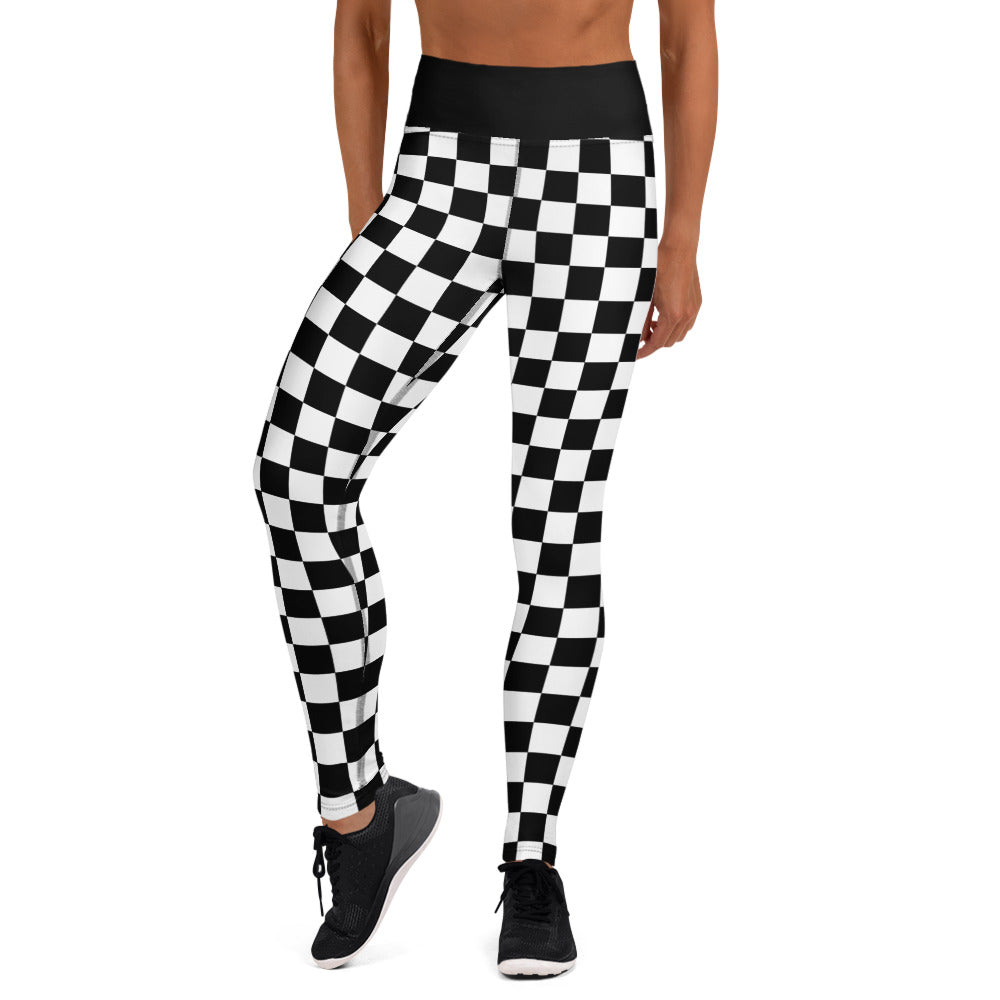 Black-and-white checkered yoga leggings with high-rise waistband and fitted straight legs