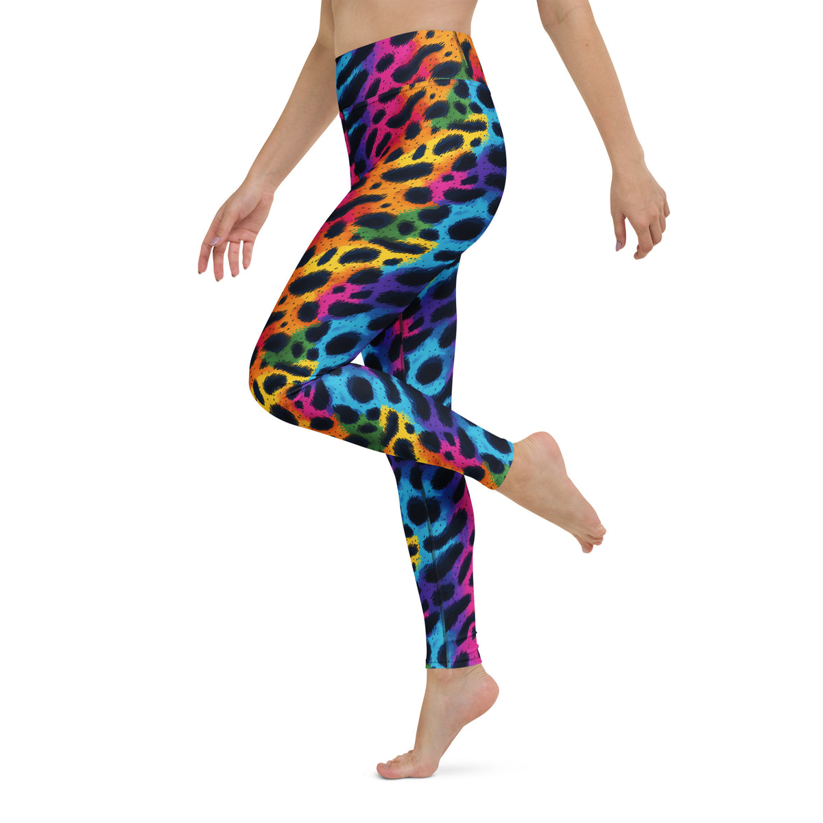 Rainbow leopard print yoga leggings shown in side view, full-length slim fit.