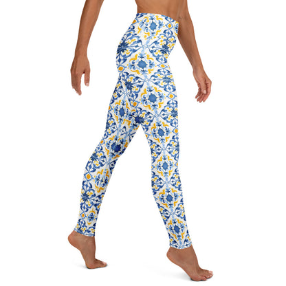 High-waist leggings with blue and white Moroccan tile floral print, front view, full-length.