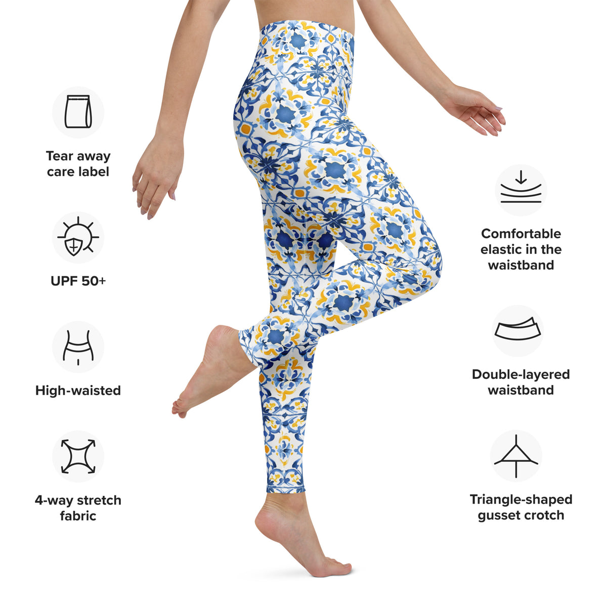 Blue and white Moroccan tile floral leggings with stretchy waistband and gusset crotch.