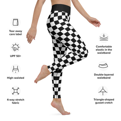 Black-and-white checkered yoga leggings with high-rise waistband, slim fit