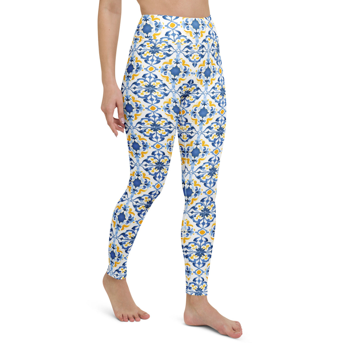 High-waist leggings with blue and white Moroccan tile floral print, side view, full-length.