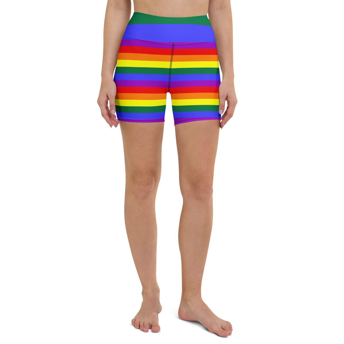 Rainbow striped yoga shorts with high waistband, front view on model