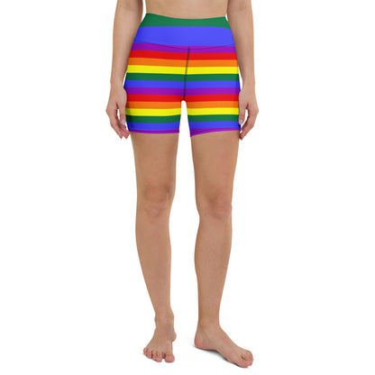Rainbow striped yoga shorts with high waistband, front view on model