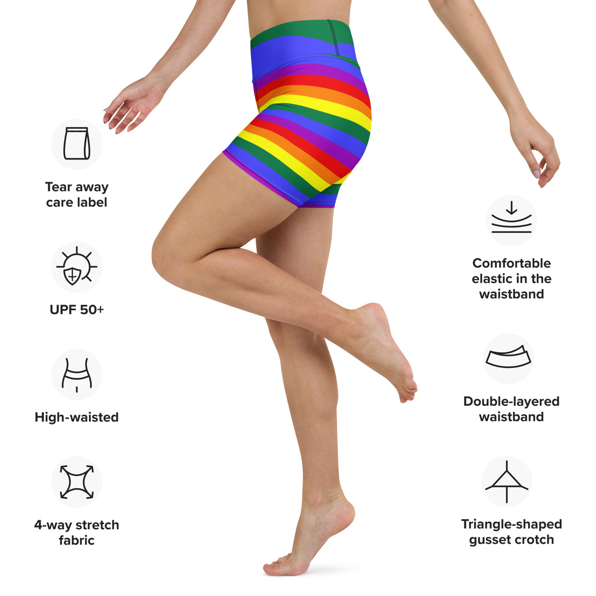 Rainbow striped yoga shorts with double-layer high waistband, model standing