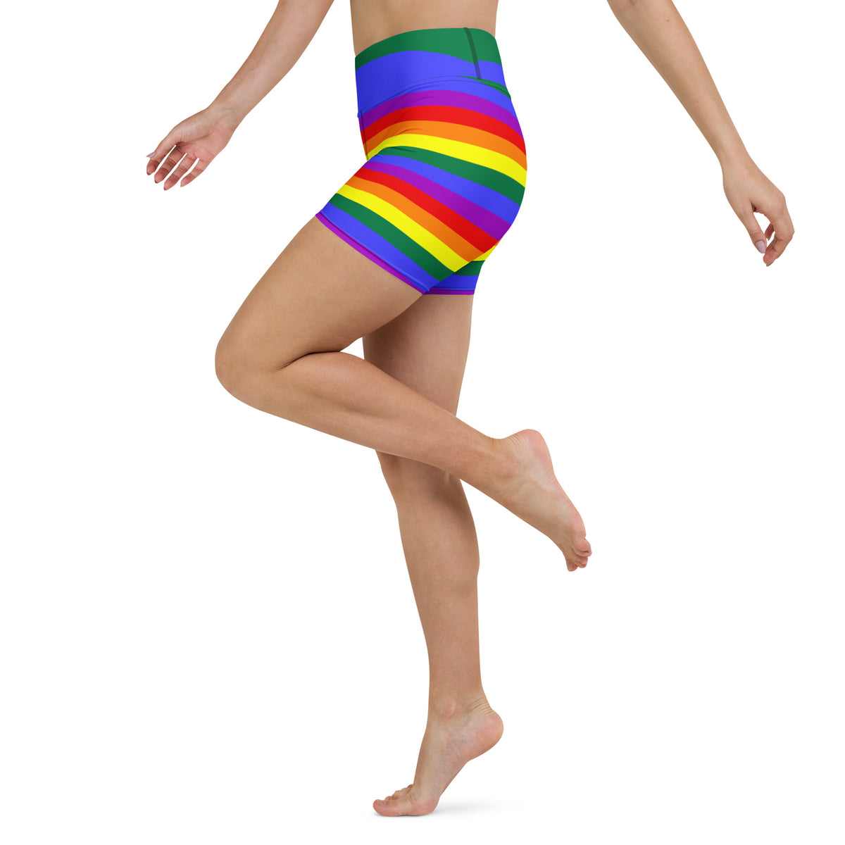 Rainbow striped yoga shorts with high waistband, side view on model