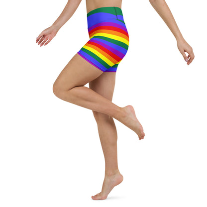 Rainbow striped yoga shorts with high waistband, side view on model