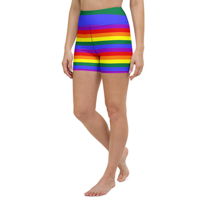 Rainbow striped yoga shorts with green waistband, mid-thigh length