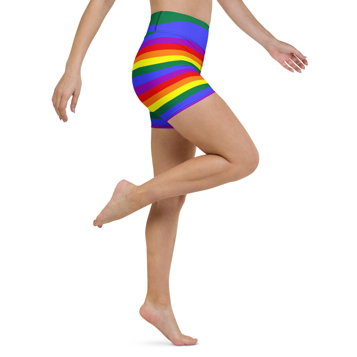 Rainbow striped yoga shorts with green waistband, hip seam detail, mid-thigh