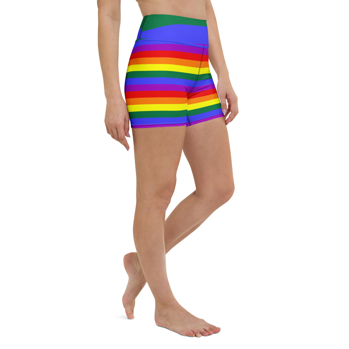 Rainbow striped yoga shorts with wide green waistband