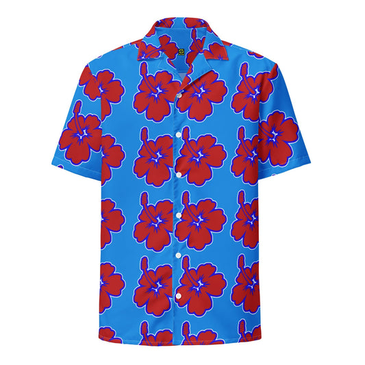 Blue Hawaiian floral shirt with red hibiscus pattern, button-front and short sleeves.