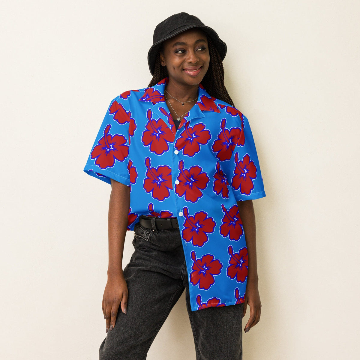 Blue Hawaiian floral shirt with red hibiscus print, short sleeves and collared neckline.
