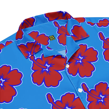 Blue Hawaiian shirt fabric with large red hibiscus flowers and white-button front detail.