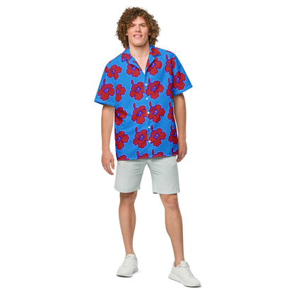 Blue Hawaiian floral button-up shirt with red flower print and short sleeves.
