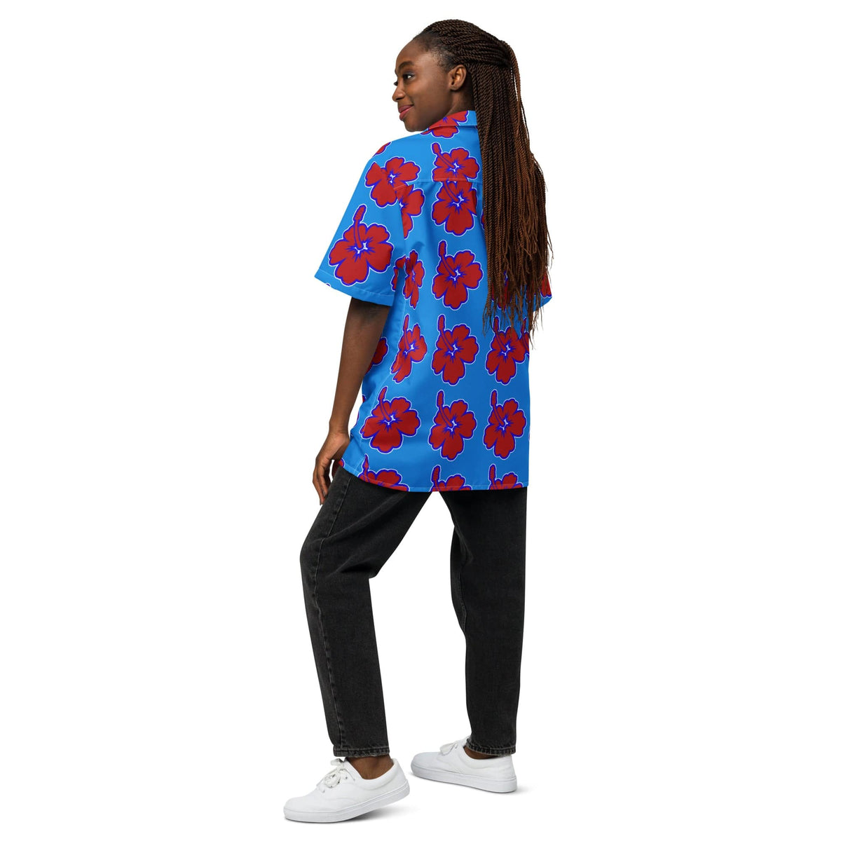 Blue Hawaiian floral shirt with red hibiscus pattern, short sleeves, side view.
