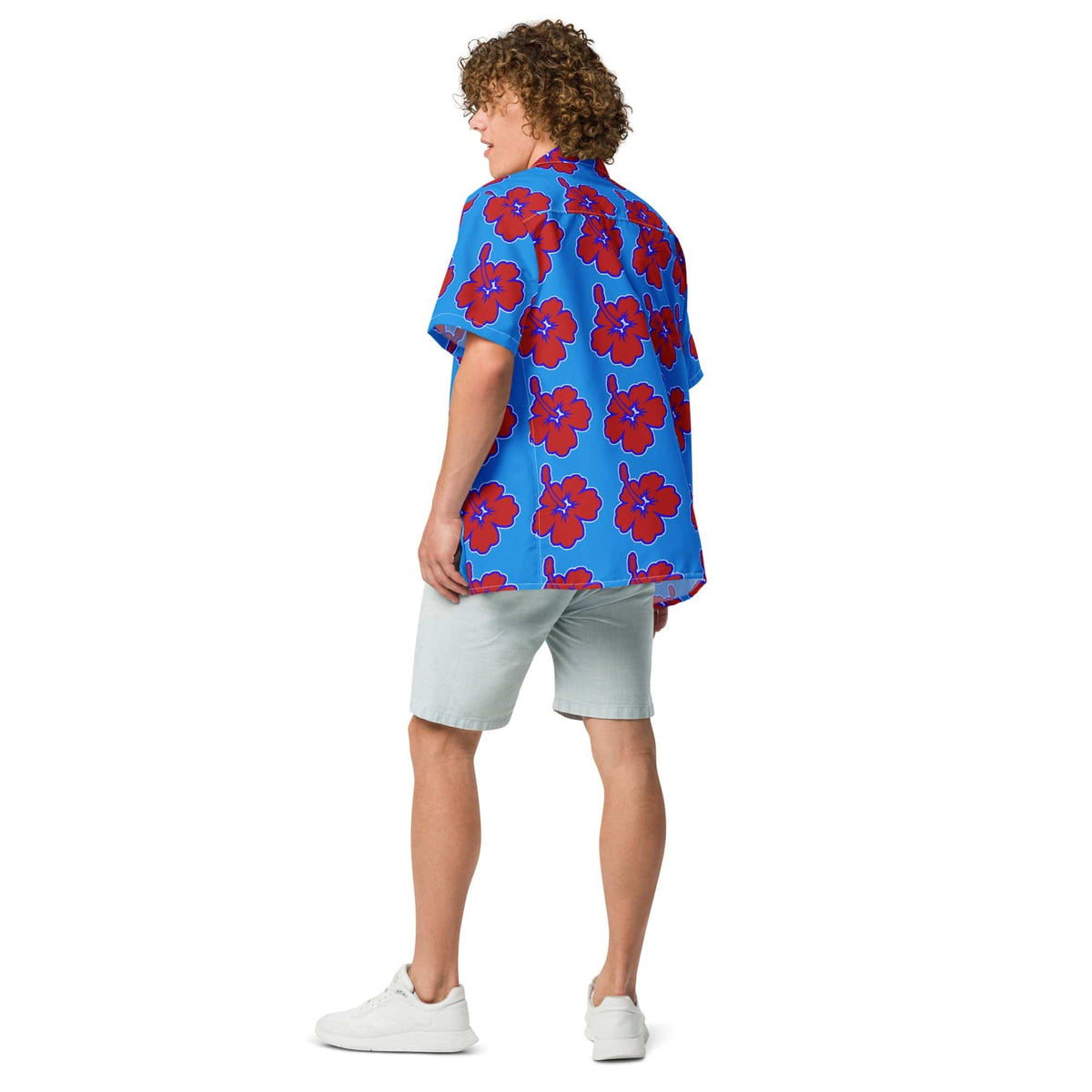 Blue Hawaiian floral shirt with red flower print, back view and short sleeves.