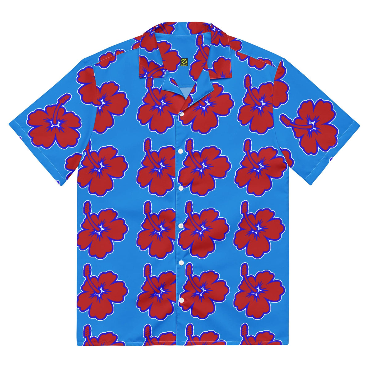 Blue Hawaiian floral shirt with red hibiscus pattern, front button placket and collar.