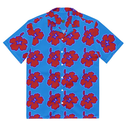 Blue Hawaiian floral shirt with red hibiscus pattern, front button placket and collar.