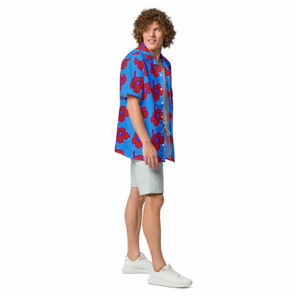 Blue button-up Hawaiian floral shirt, short sleeves, camp collar, red flowers
