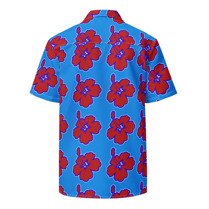 Blue Hawaiian floral shirt back view, short sleeves, camp collar, red flower pattern