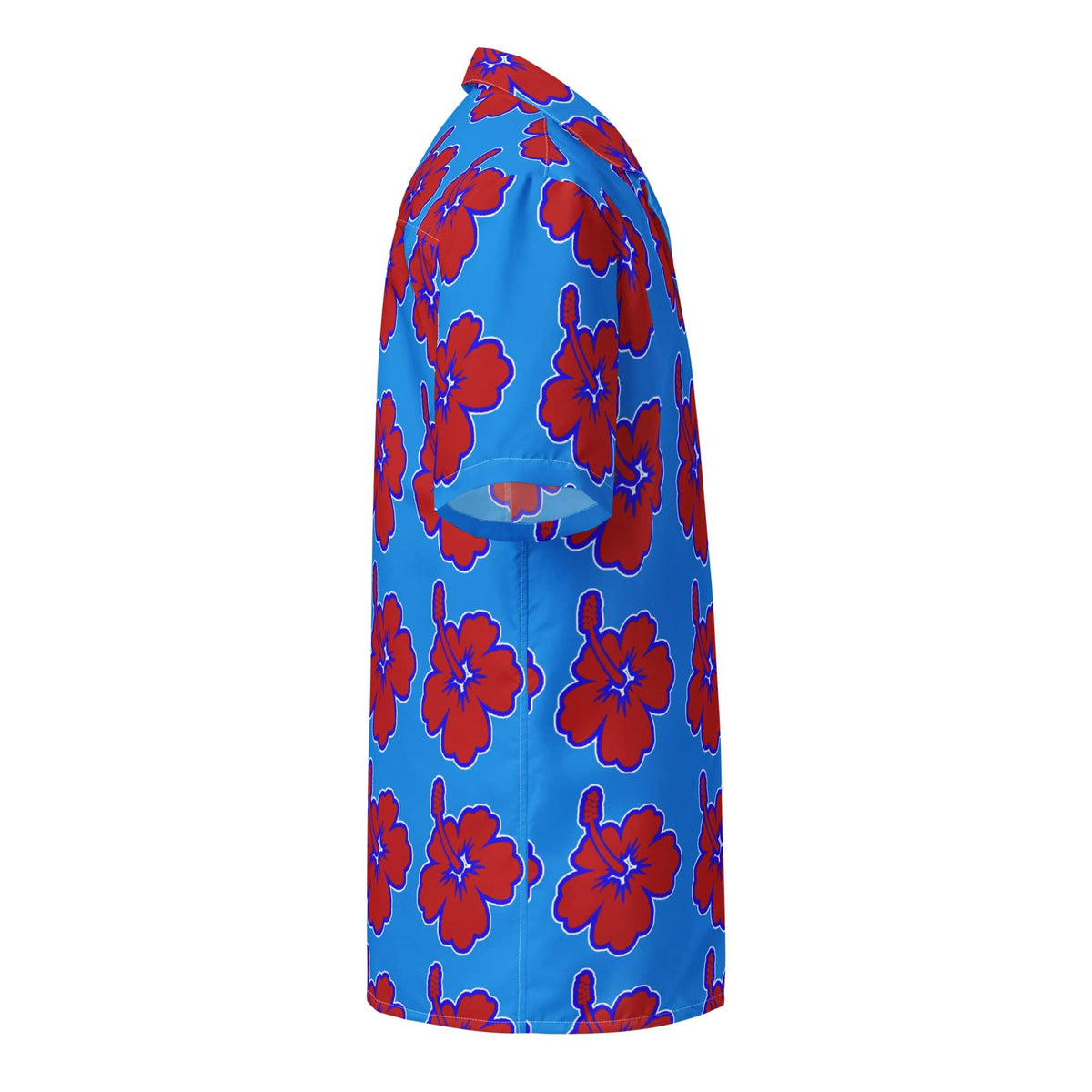 Blue Hawaiian floral shirt side view, short sleeves, camp collar, red flower pattern