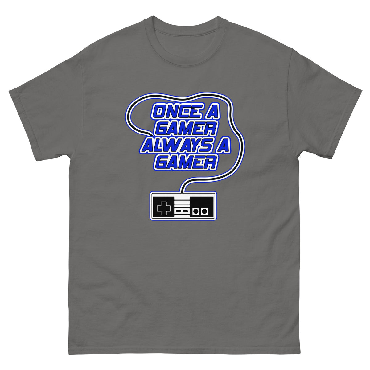 Gray t-shirt with “Once a gamer always a gamer” gaming logo and controller graphic