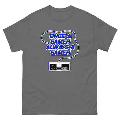 Gray t-shirt with “Once a gamer always a gamer” gaming logo and controller graphic