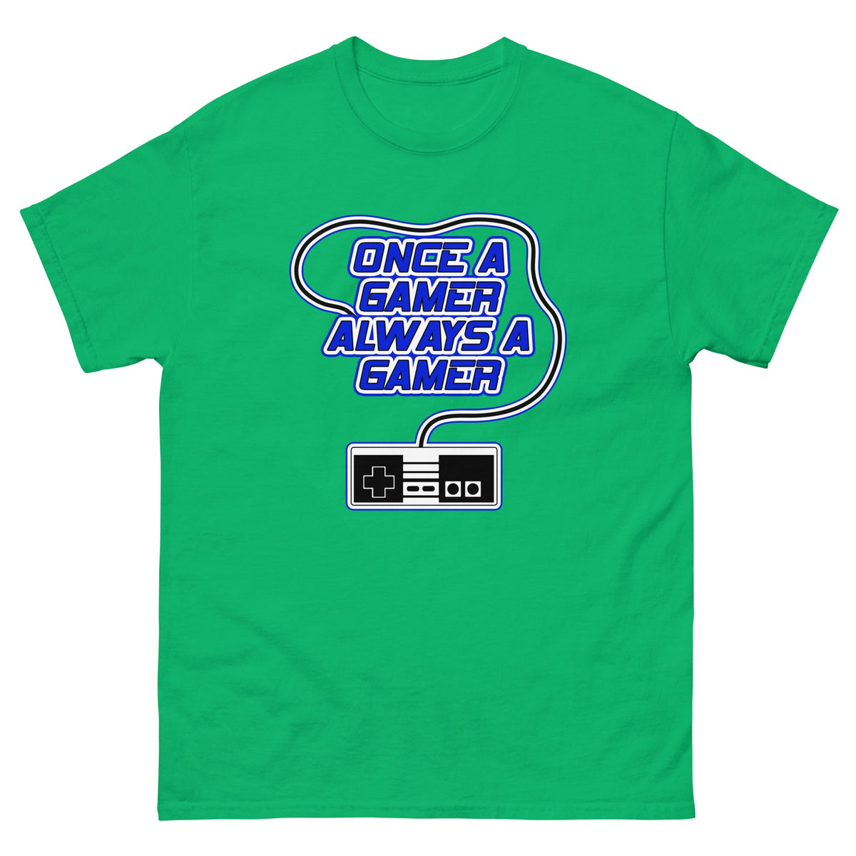 Green t-shirt with “Once a gamer always a gamer” gaming logo and controller graphic