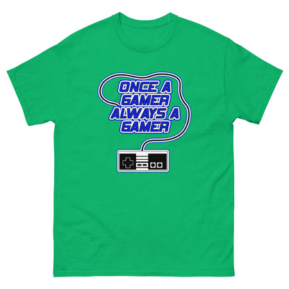 Green t-shirt with “Once a gamer always a gamer” gaming logo and controller graphic
