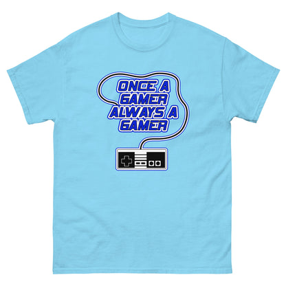 Light blue t-shirt with “Once a gamer always a gamer” gaming logo and controller graphic