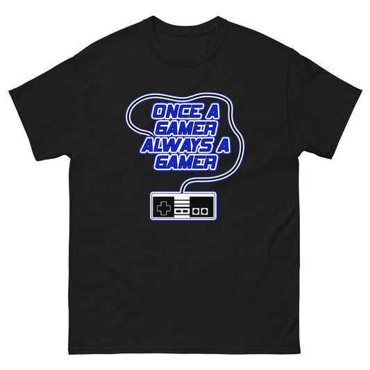 Black gaming slogan T-shirt with blue retro controller graphic on chest