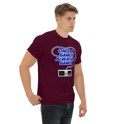 Maroon gaming slogan T-shirt with blue retro controller graphic on chest