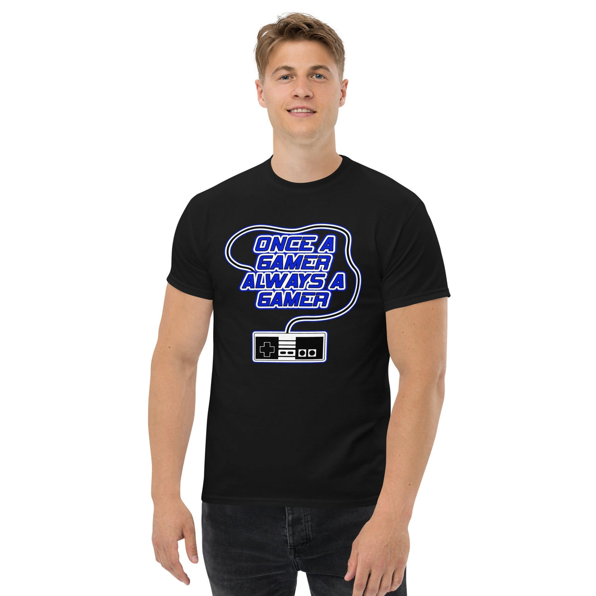 Black gaming slogan T-shirt with blue retro controller graphic on chest