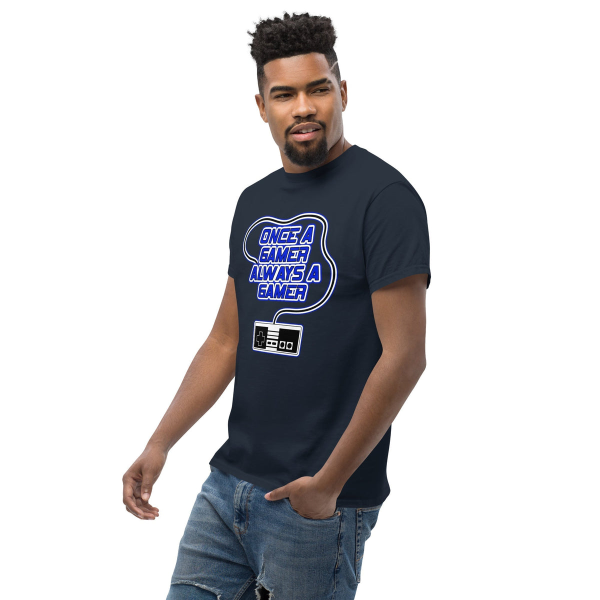 Dark navy gaming slogan T-shirt with blue retro controller graphic on chest