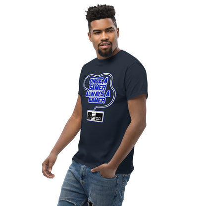 Dark navy gaming slogan T-shirt with blue retro controller graphic on chest