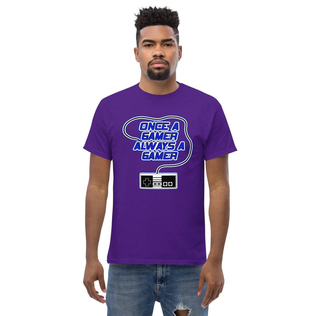 Purple gaming slogan T-shirt with blue retro controller graphic on chest