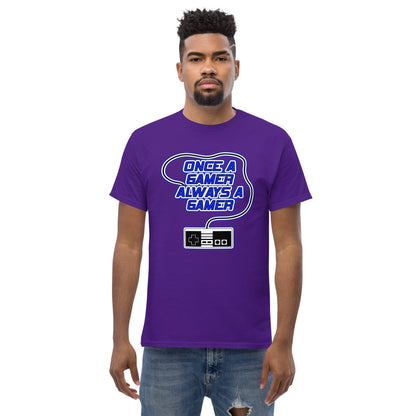 Purple gaming slogan T-shirt with blue retro controller graphic on chest