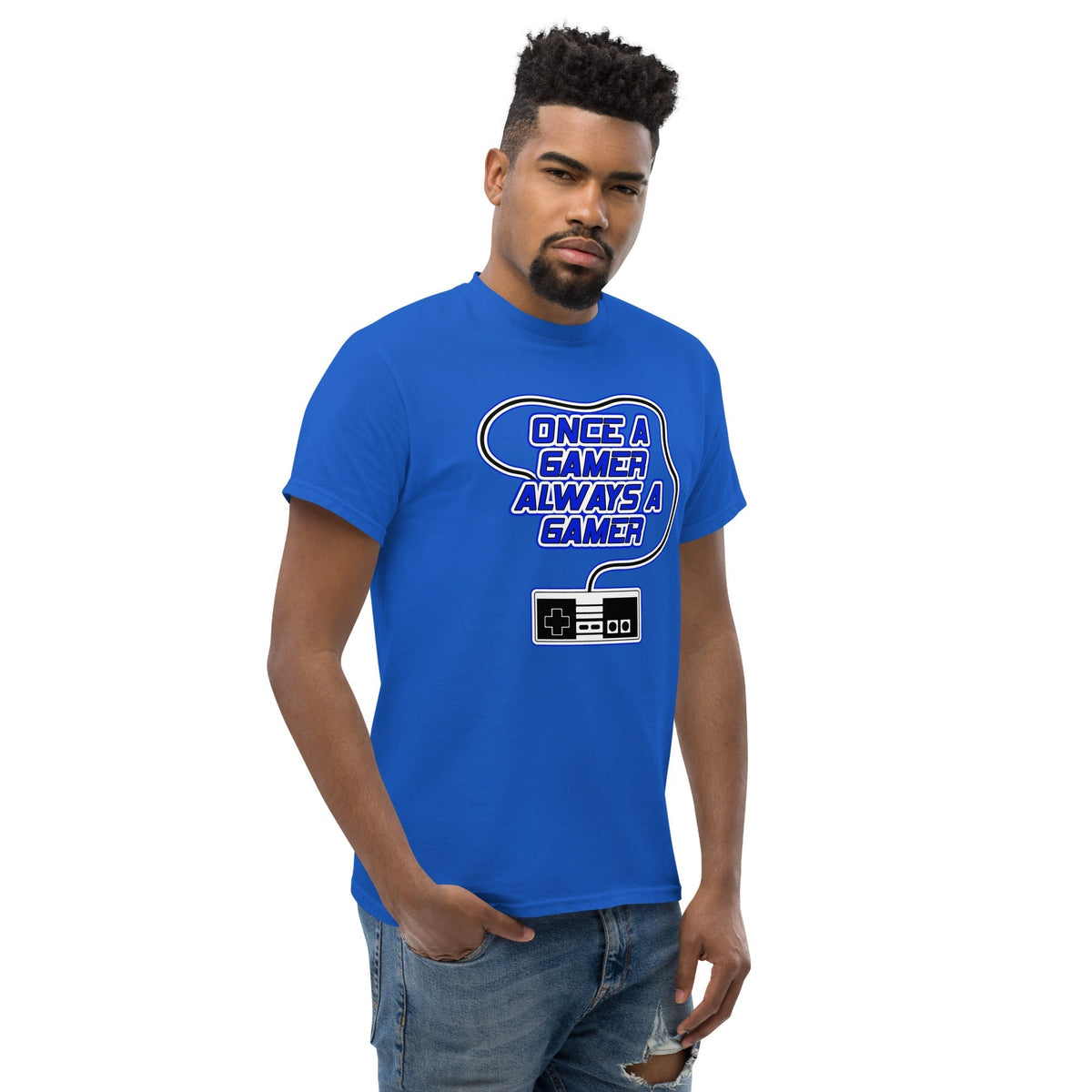 Royal blue gaming slogan T-shirt with blue retro controller graphic on chest