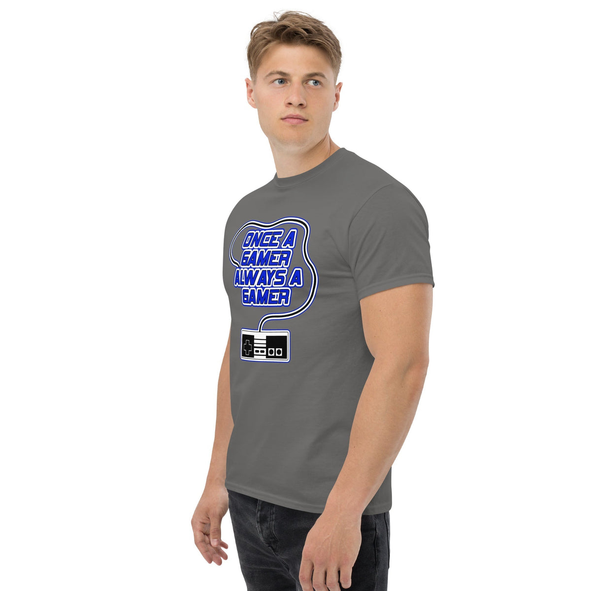 Charcoal gray gaming slogan T-shirt with blue retro controller graphic on chest