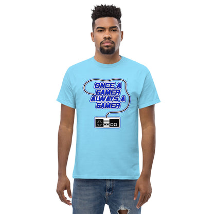 Light blue gaming slogan T-shirt with blue retro controller graphic on chest