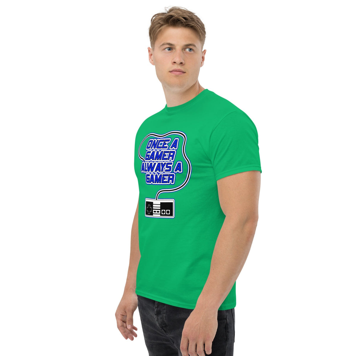 Green gaming slogan T-shirt with blue retro controller graphic on chest