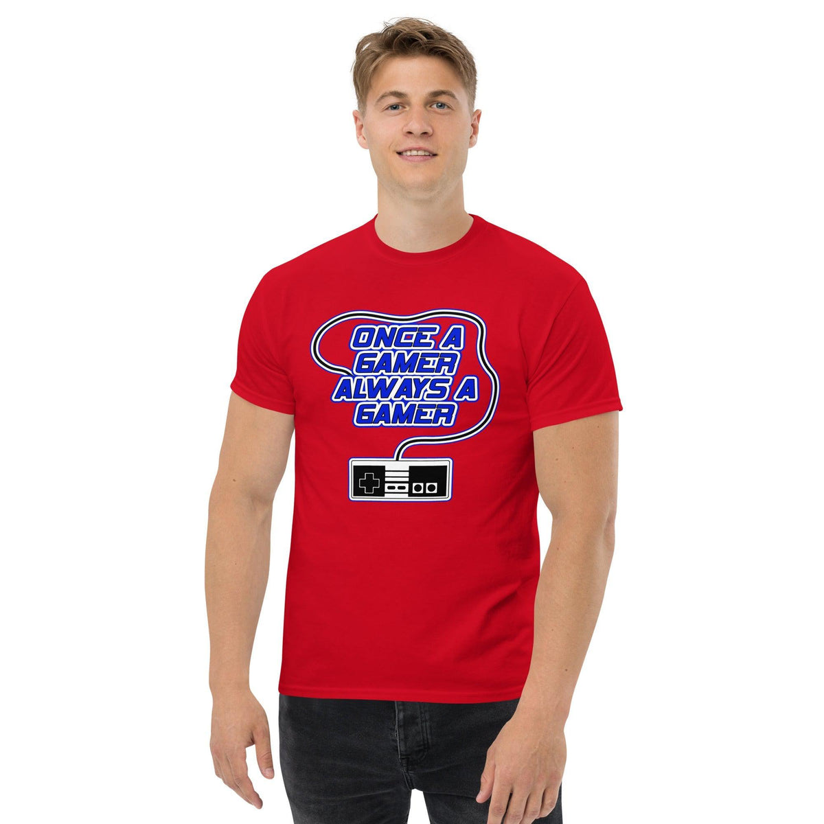Red gaming slogan T-shirt with blue retro controller graphic on chest