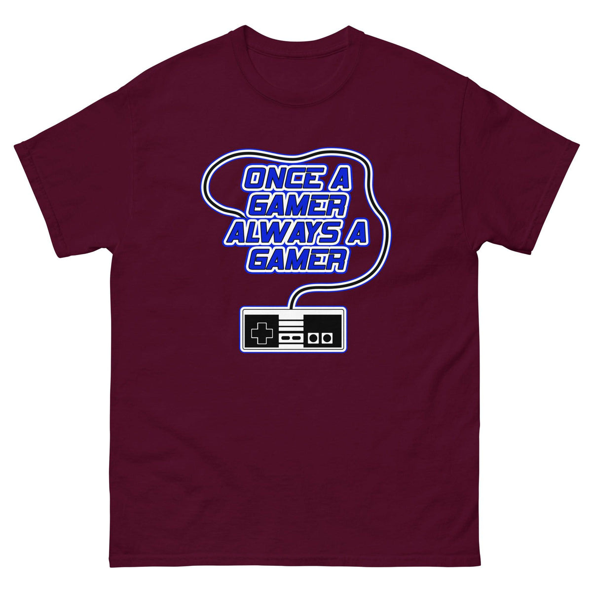 Maroon t-shirt with “Once a gamer always a gamer” gaming logo and controller graphic
