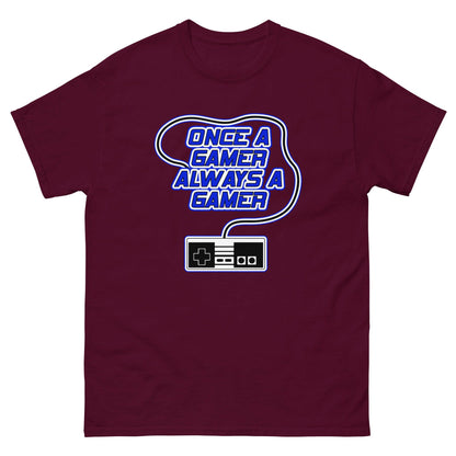 Maroon t-shirt with “Once a gamer always a gamer” gaming logo and controller graphic
