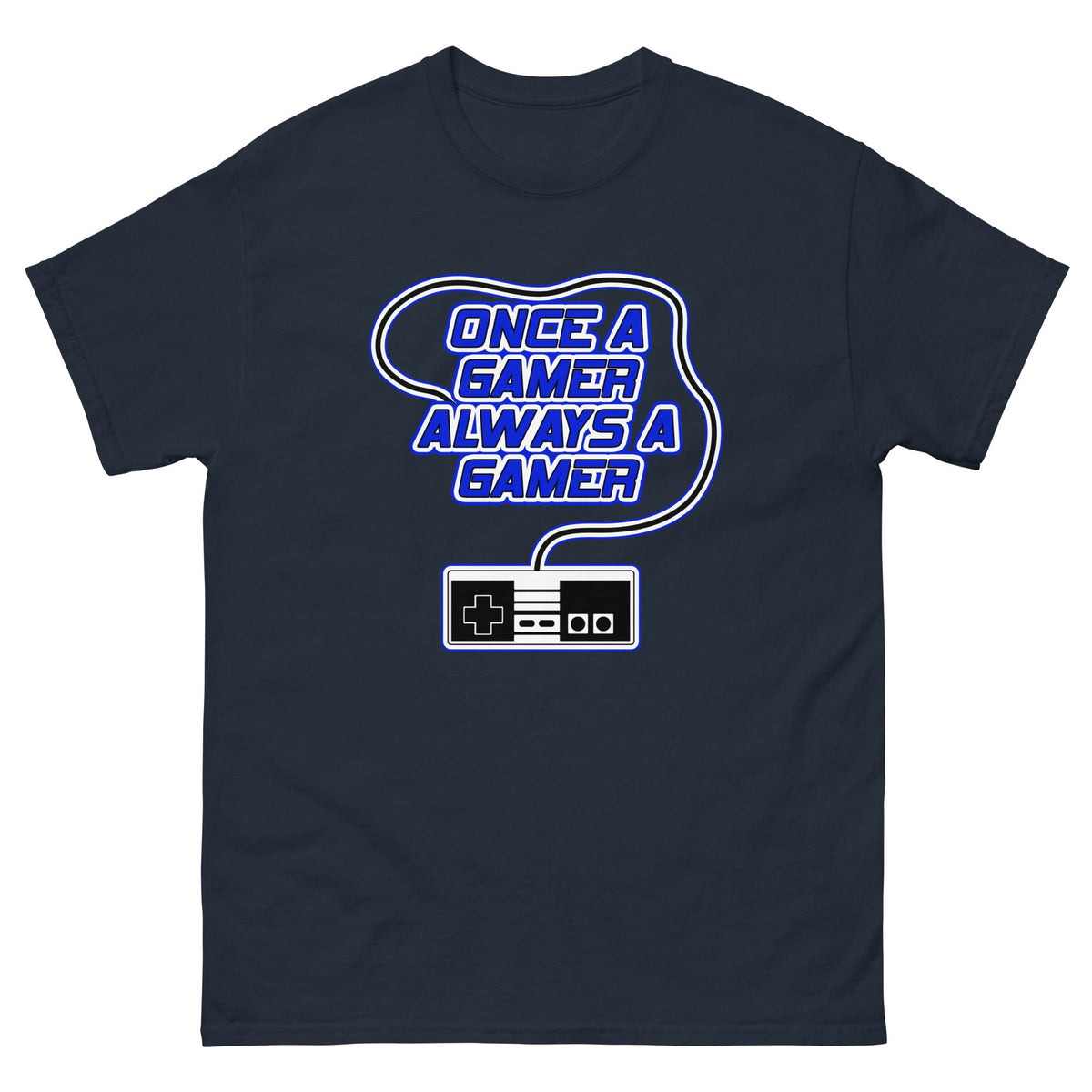 Dark navy t-shirt with “Once a gamer always a gamer” gaming logo and controller graphic