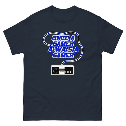 Dark navy t-shirt with “Once a gamer always a gamer” gaming logo and controller graphic